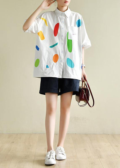 Italian White Print Clothes for Lapel Half Sleeve Dresses Summer Blouse