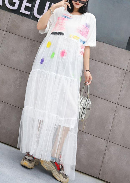 Italian White Prints Cotton Dresses Patchwork Lace Summer Dresses