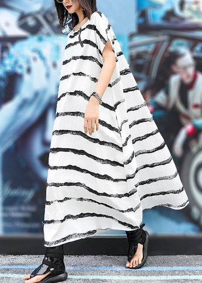 Italian White Striped Chiffon Robes O Neck Pockets Art Dress