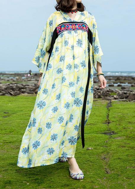 Italian Yellow Green Print Cotton Linen Clothes for O Neck Traveling Summer Dress