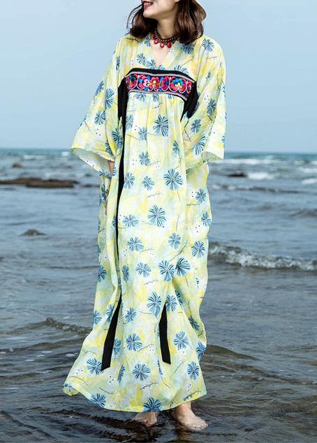 Italian Yellow Green Print Cotton Linen Clothes for O Neck Traveling Summer Dress