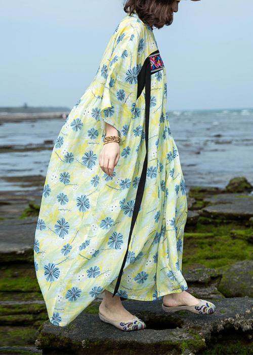 Italian Yellow Green Print Cotton Linen Clothes for O Neck Traveling Summer Dress