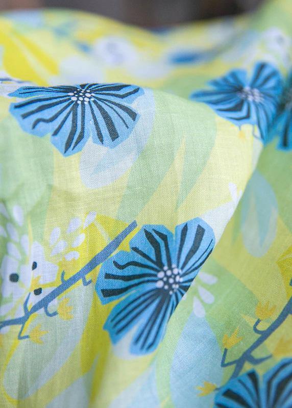 Italian Yellow Green Print Cotton Linen Clothes for O Neck Traveling Summer Dress