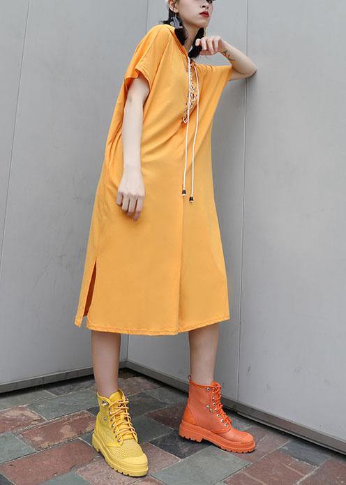 Italian Yellow Hooded Cotton Dresses Side Open Long Summer Dress