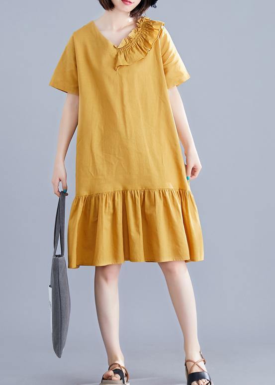 Italian Yellow Linen Dresses V Neck Ruffles Art Summer Dress