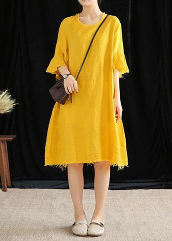 Italian Yellow Linen Quilting Clothes O Neck Petal Sleeve Daily Dresses