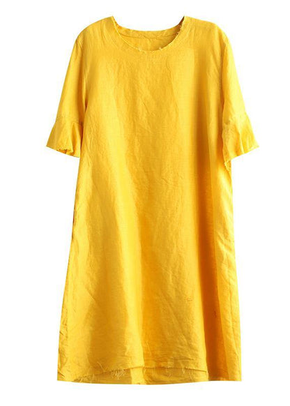 Italian Yellow Linen Quilting Clothes O Neck Petal Sleeve Daily Dresses
