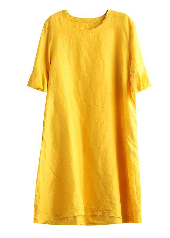 Italian Yellow Linen Quilting Clothes O Neck Petal Sleeve Daily Dresses