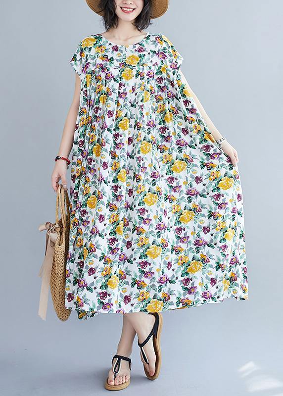Italian Yellow Print Pattern O Neck Pockets Long Summer Dresses