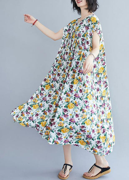 Italian Yellow Print Pattern O Neck Pockets Long Summer Dresses