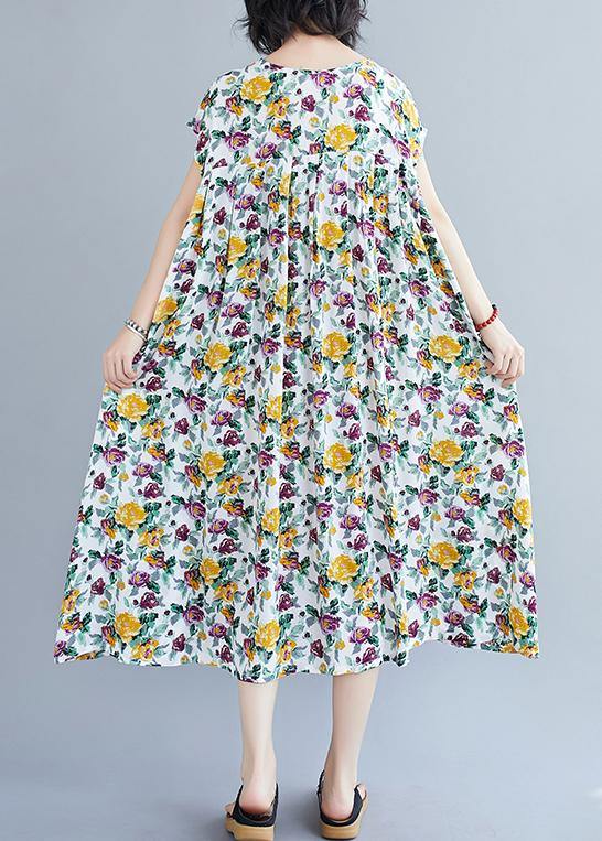 Italian Yellow Print Pattern O Neck Pockets Long Summer Dresses