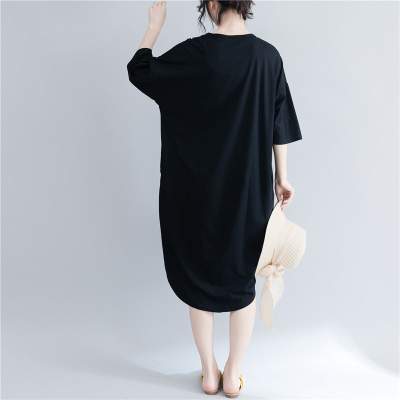 Italian Black Wardrobes O Neck Low High Design Maxi Spring Dress