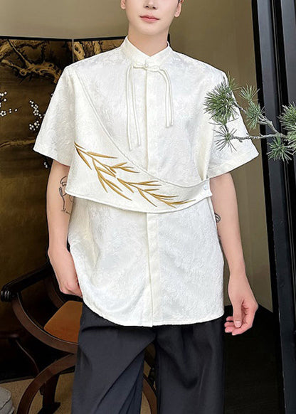 Jacquard Apricot Embroideried Chinese Button Cotton Shirts Summer