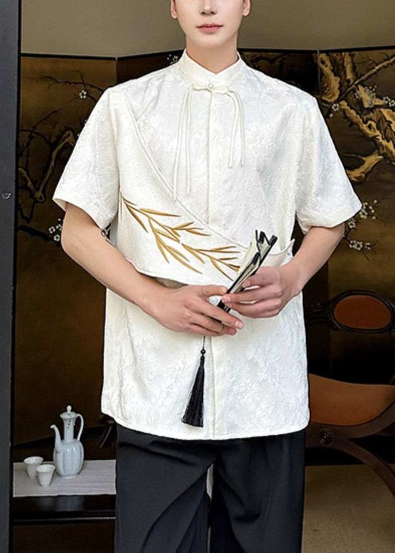 Jacquard Apricot Embroideried Chinese Button Cotton Shirts Summer