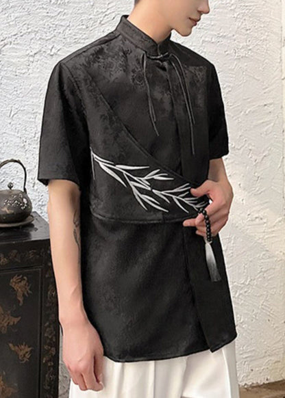 Jacquard Apricot Embroideried Chinese Button Cotton Shirts Summer