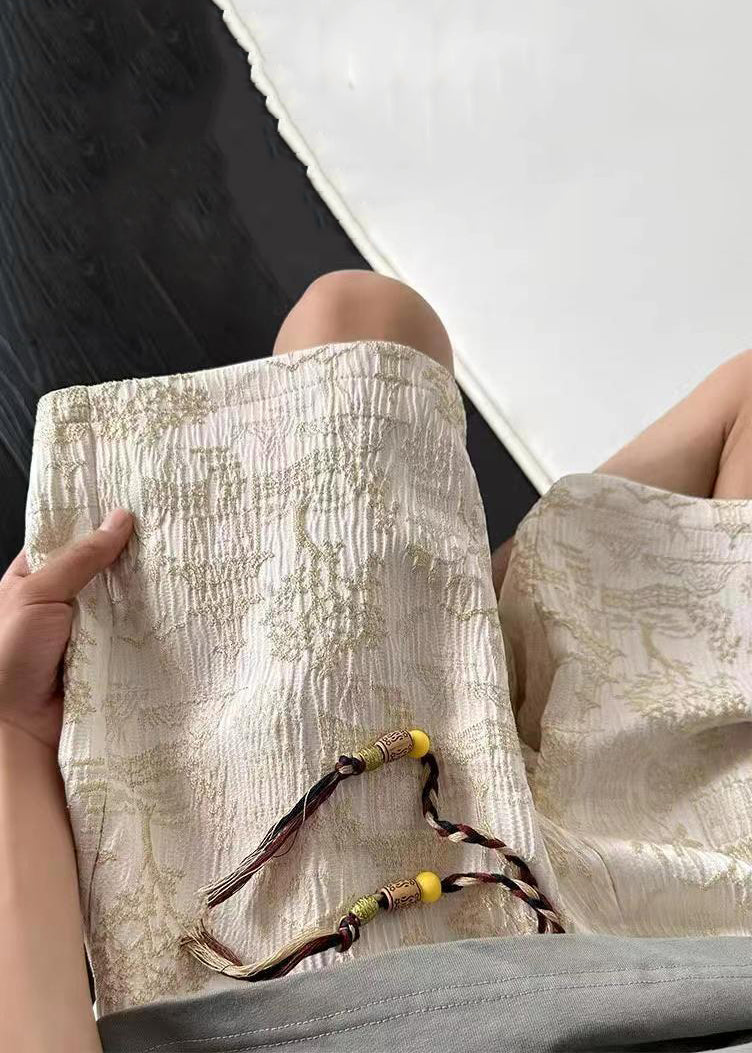 Jacquard Apricot Pockets Elastic Waist Cotton Shorts Long Summer