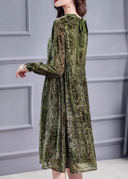 Jacquard Army Green O-neck Lace Up Silk Velour Dress Long Sleeve