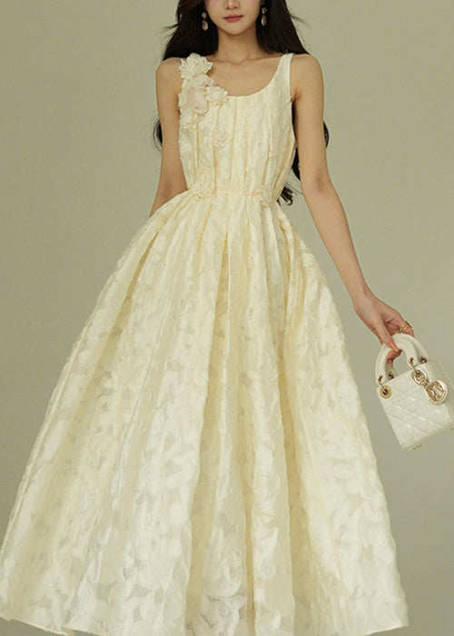 Jacquard Beige Tie Waist Cotton Party Dress Sleeveless