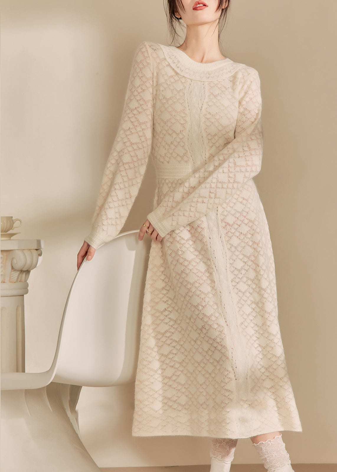 Jacquard Beige O-neck Flattering Knitted Cotton Thread Maxi Dresses Spring