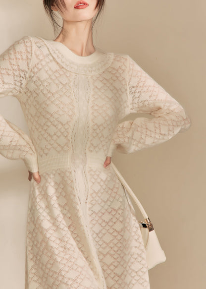 Jacquard Beige O-neck Flattering Knitted Cotton Thread Maxi Dresses Spring