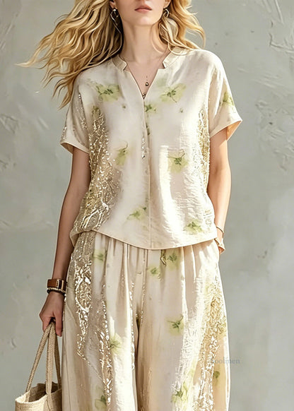 Jacquard Beige Patchwork Silk Tops and Wide Leg Pants Two Piece Set Summer