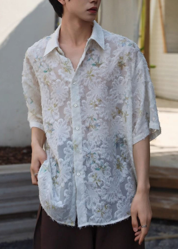 Jacquard Beige Peter Pan Collar Button Ice Silk Shirt Half Sleeve