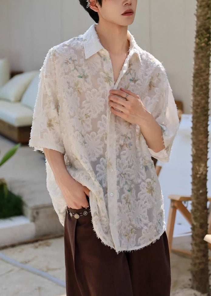Jacquard Beige Peter Pan Collar Button Ice Silk Shirt Half Sleeve