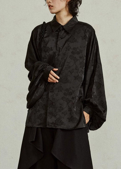 Jacquard Black Button Solid Silk Shirts Fall
