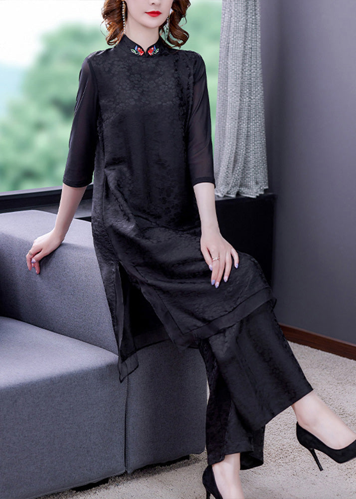Jacquard Black Embroideried Silk Top and Wide Leg Pants Two Pieces Set Summer