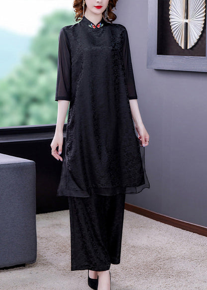 Jacquard Black Embroideried Silk Top and Wide Leg Pants Two Pieces Set Summer