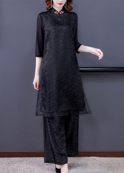 Jacquard Black Embroideried Silk Top and Wide Leg Pants Two Pieces Set Summer