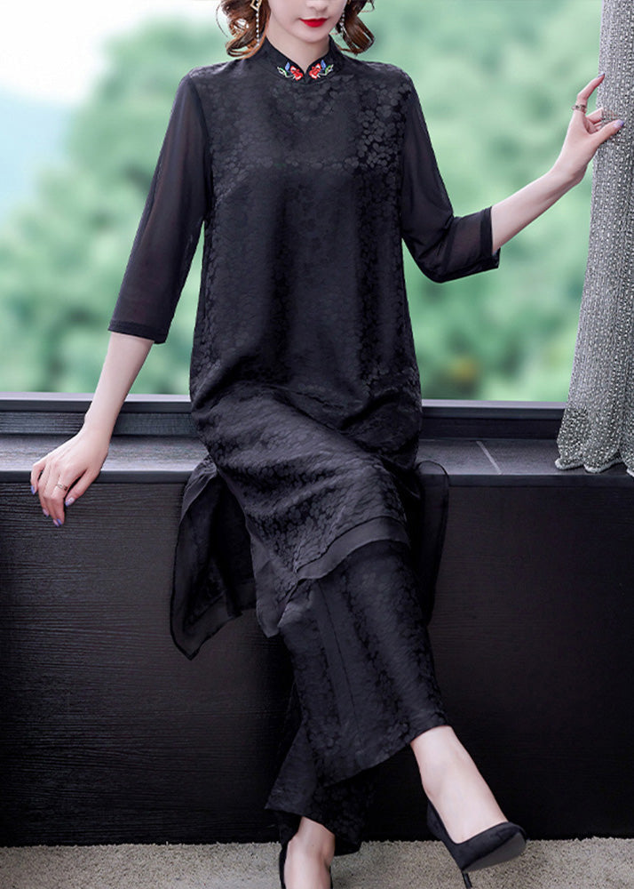 Jacquard Black Embroideried Silk Top and Wide Leg Pants Two Pieces Set Summer
