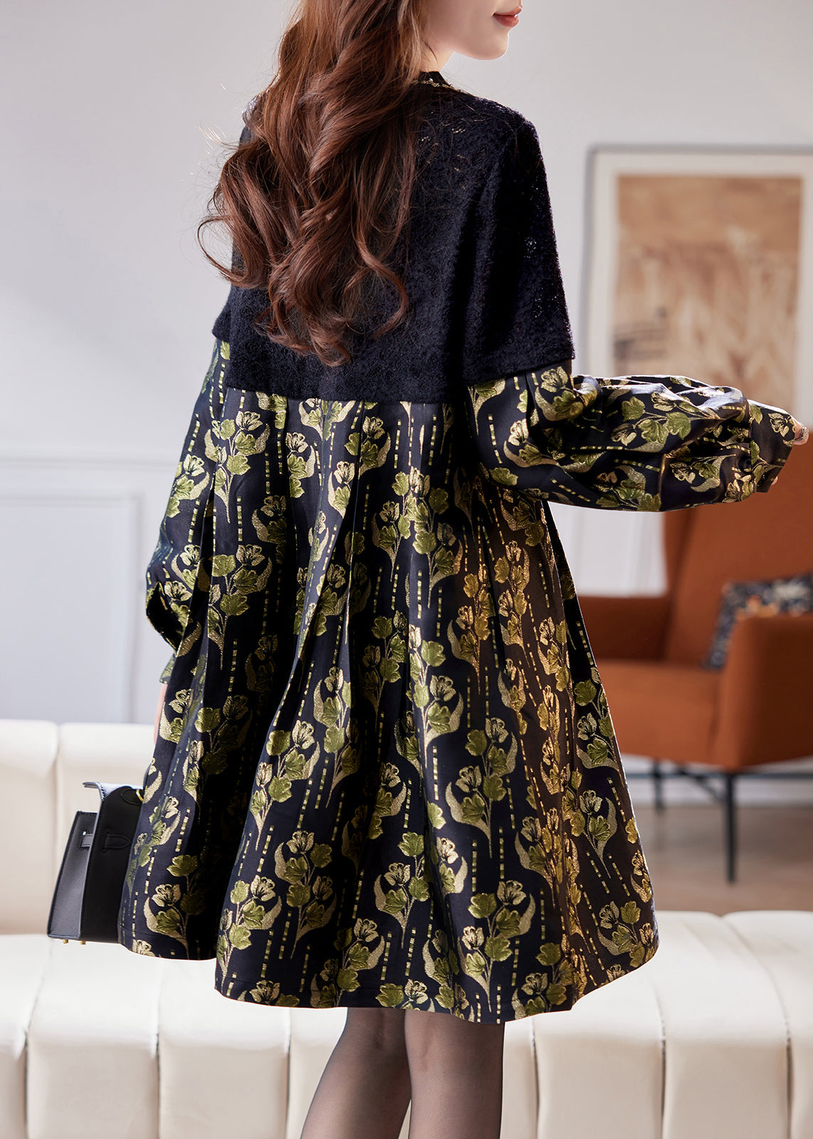 Jacquard Black Hollow Out Sequins Patchwork Mid Dress Spring
