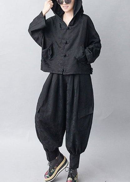 Jacquard Black Hooded Coats and Pants Two Pieces Set Fall