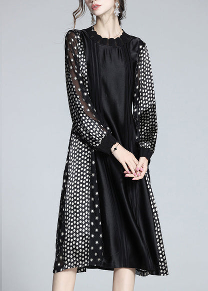 Jacquard Black O-neck Patchwork Dot Party Long Dress Long Sleeve