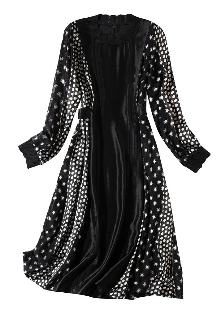 Jacquard Black O-neck Patchwork Dot Party Long Dress Long Sleeve