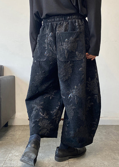 Jacquard Black Pockets Elastic Waist Crop Pants Spring