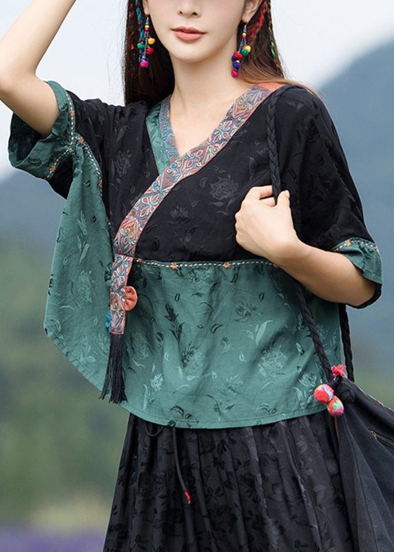 Jacquard Black Stand Collar Embroideried Patchwork Satin Top Half Sleeve