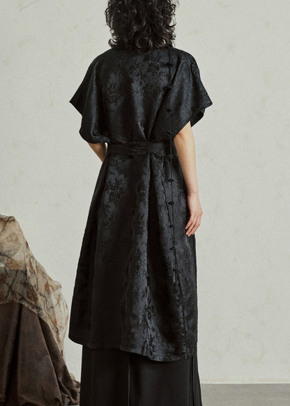 Jacquard Black Tie Waist Silk Maxi Dress Summer