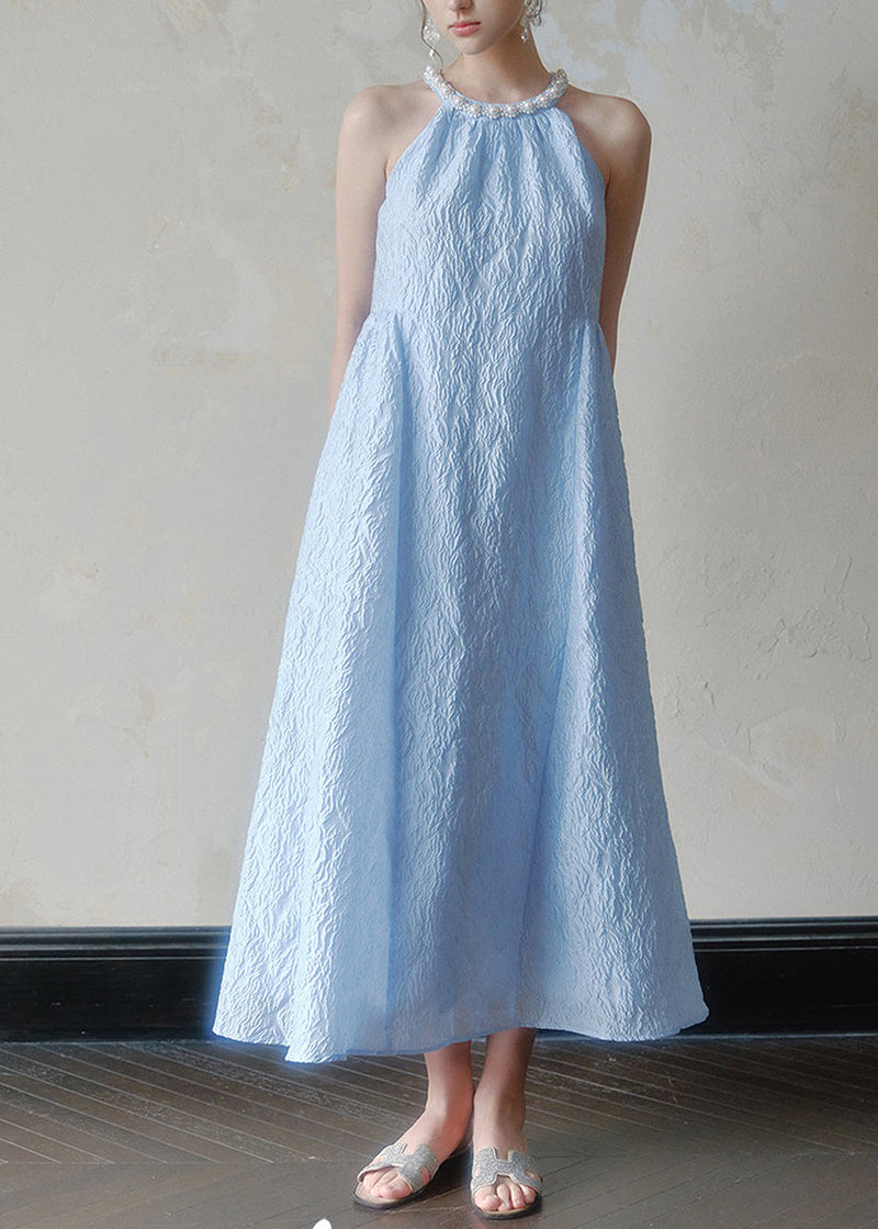 Jacquard Blue Halter Beading Maxi Dress Summer