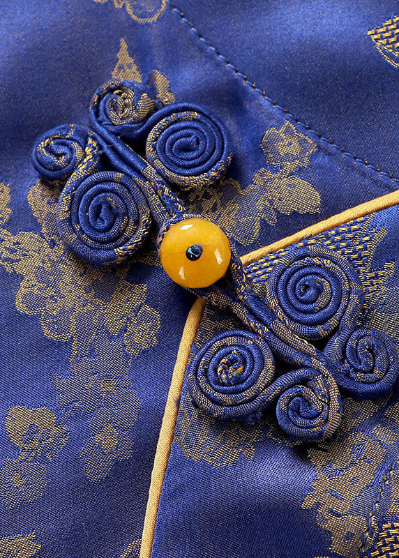 Jacquard Blue O-neck Button Tie Waist Silk Shirts Half Sleeve