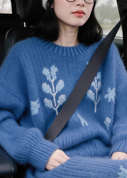 Jacquard Blue Patchwork Cozy Cotton Knit Sweaters Spring