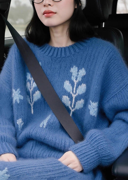 Jacquard Blue Patchwork Cozy Cotton Knit Sweaters Spring