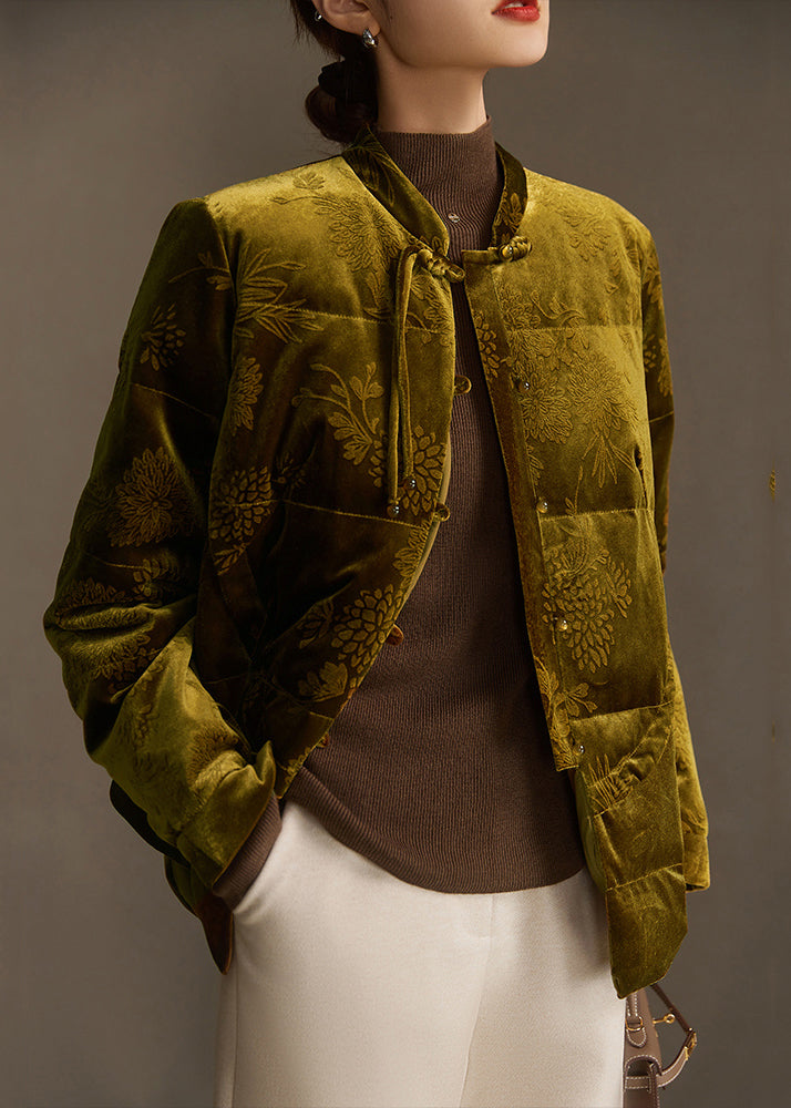 Jacquard Button Patchwork Silk Velour Down Cotton Coat Winter