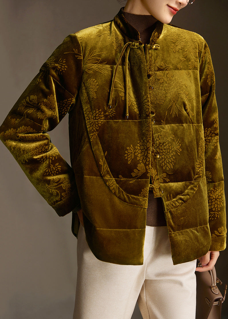 Jacquard Button Patchwork Silk Velour Down Cotton Coat Winter