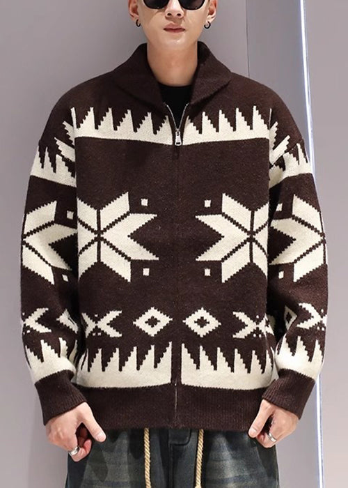 Jacquard Coffee Zip Up Cozy Knit Coat Spring