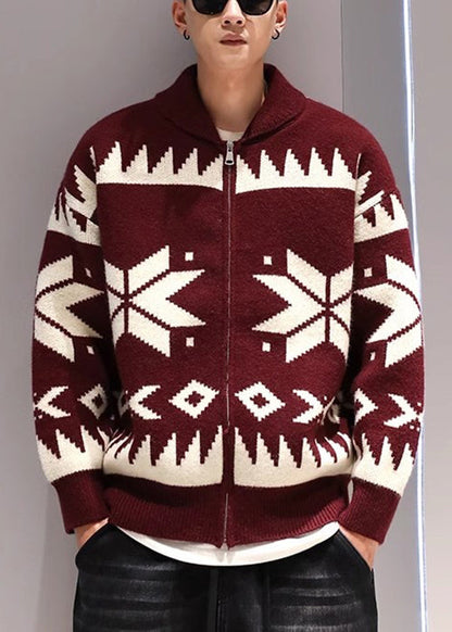 Jacquard Coffee Zip Up Cozy Knit Coat Spring