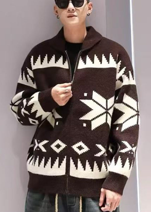 Jacquard Coffee Zip Up Cozy Knit Coat Spring