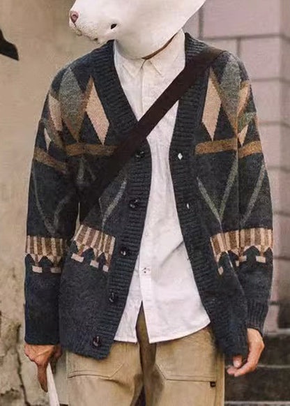 Jacquard Dark Gray V Neck Button Knit Coat Spring