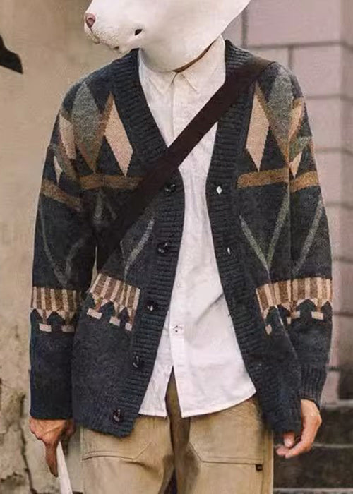 Jacquard Dark Gray V Neck Button Knit Coat Spring